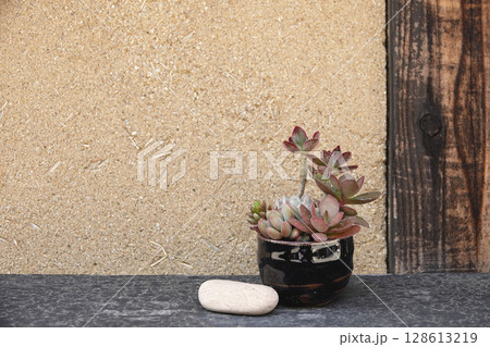 石見銀山 町並み地区 古民家の縁側に置かれている和陶器の多肉植物と白い石 128613219