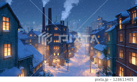 雪降るヨーロッパの街並み：冬の夜の灯り 128613405