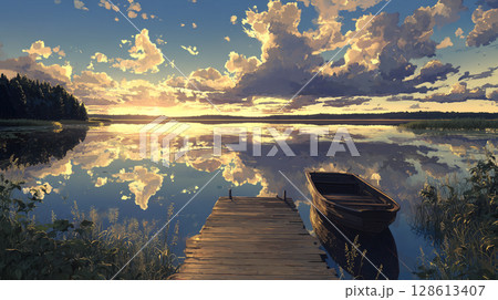 夕暮れの静寂：桟橋とボートのある湖畔 128613407