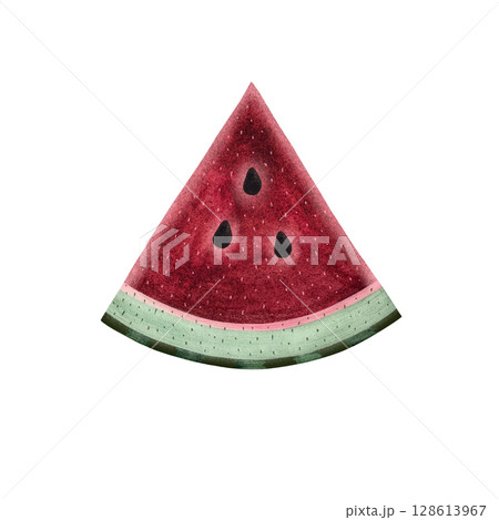 A watercolor illustration of a triangular watermelon slice with a green striped rind, juicy pink flesh, and black seeds on a white background. This vibrant and refreshing artwork is perfect for summer A watercolor illustration of a triangular watermelon slice with a green striped rind, juicy pink flesh, and black seeds on a white background. This vibrant and refreshing artwork is perfect for summer 128613967