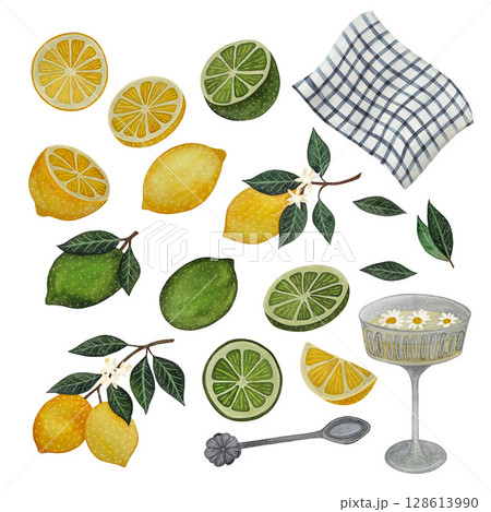 A watercolor illustration inspired by the Italian Amalfi style, featuring lemons, limes, a glass of lemonade, a checkered tablecloth, and a teaspoon on a white background. This vibrant and charming 128613990