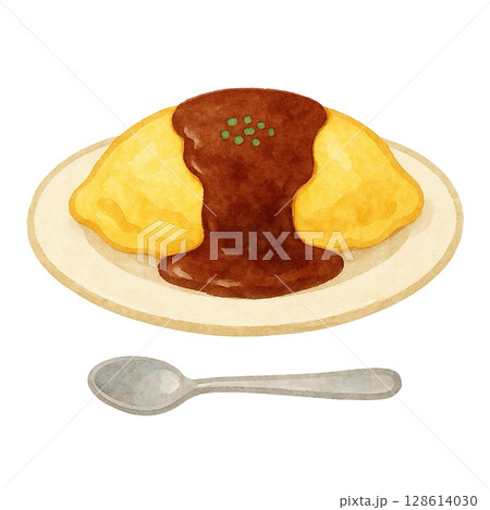 【喫茶店】デミグラスソースのオムライスのイラスト 128614030