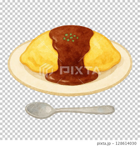 【喫茶店】デミグラスソースのオムライスのイラスト 128614030