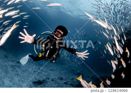 Male scuba diver diving with a school of snapper fish at Racha Island, Phuket, Thailand. Male scuba diver diving with a school of snapper fish at Racha Island, Phuket, Thailand. 128614066