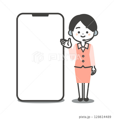 大きなスマホを手で指す制服姿の3頭身女性オペレーターイラスト 128614489