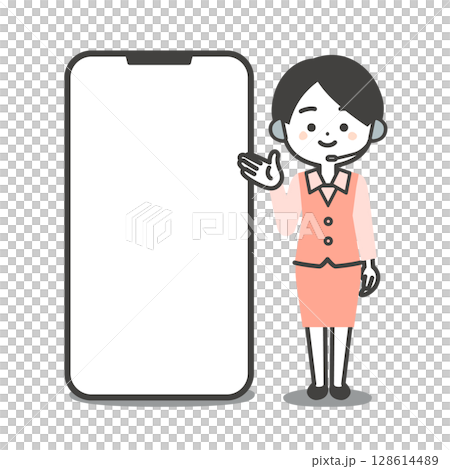大きなスマホを手で指す制服姿の3頭身女性オペレーターイラスト 128614489