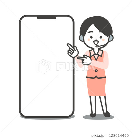 大きなスマホを指差す制服姿の3頭身女性オペレーターイラスト 128614490