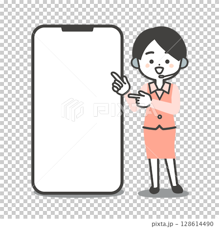 大きなスマホを指差す制服姿の3頭身女性オペレーターイラスト 128614490