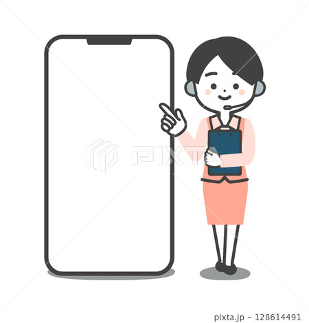 大きなスマホを指さす制服姿の3頭身女性オペレーターイラスト 大きなスマホを指さす制服姿の3頭身女性オペレーターイラスト 128614491