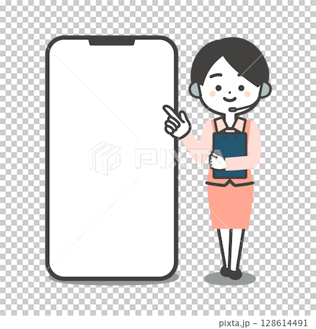 身穿制服的立體女性操作員指著大型智慧型手機的插圖 128614491