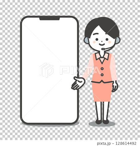 Illustration of a three-dimensional female operator in a uniform pointing at a large smartphone Illustration of a three-dimensional female operator in a uniform pointing at a large smartphone 128614492