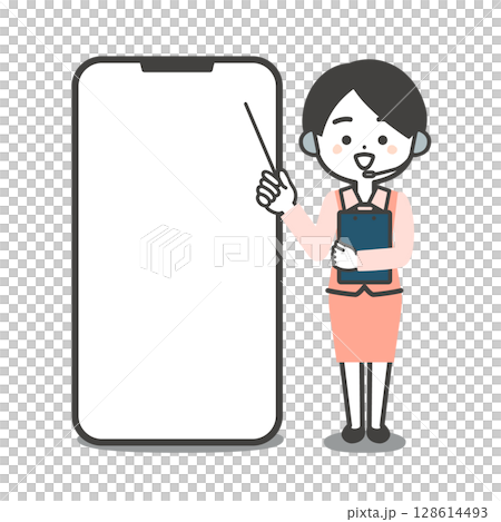 Illustration of a three-dimensional female operator in a uniform talking while pointing at a large smartphone with a pointer Illustration of a three-dimensional female operator in a uniform talking while pointing at a large smartphone with a pointer 128614493