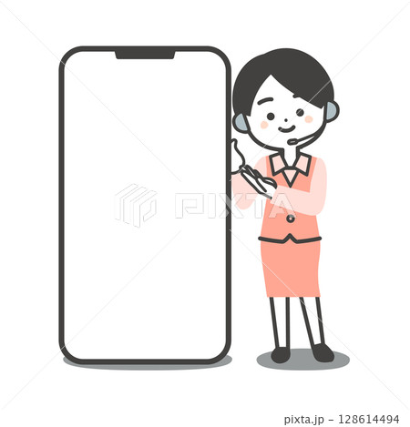 大きなスマホを手で指し示す制服姿の3頭身女性オペレーターイラスト 128614494