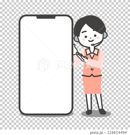 Illustration of a three-dimensional female operator in a uniform pointing at a large smartphone 128614494