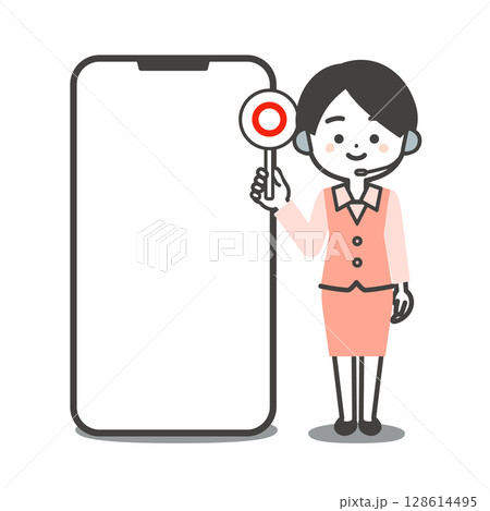 大きなスマホの横で正解の札を持つ制服姿の3頭身女性オペレーターイラスト 大きなスマホの横で正解の札を持つ制服姿の3頭身女性オペレーターイラスト 128614495
