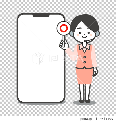 大きなスマホの横で正解の札を持つ制服姿の3頭身女性オペレーターイラスト 大きなスマホの横で正解の札を持つ制服姿の3頭身女性オペレーターイラスト 128614495