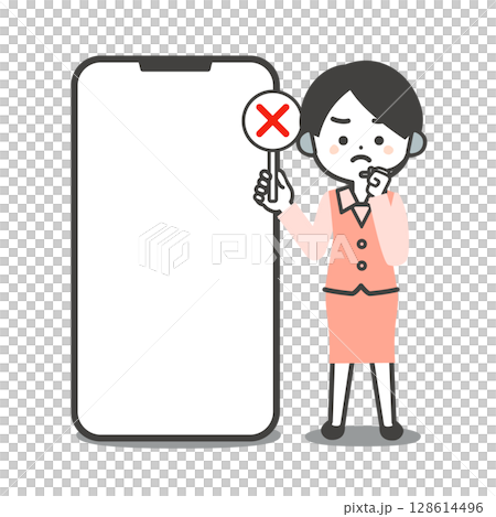 圖：一位身穿制服的立體女操作員，手裡拿著一張錯誤的答案卡，旁邊是一部大型智慧型手機 128614496