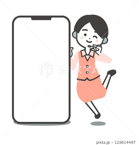 大きなスマホの横でジャンプする制服姿の3頭身女性オペレーターイラスト 大きなスマホの横でジャンプする制服姿の3頭身女性オペレーターイラスト 128614497