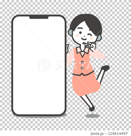 Illustration of a three-dimensional female operator in uniform jumping next to a large smartphone Illustration of a three-dimensional female operator in uniform jumping next to a large smartphone 128614497