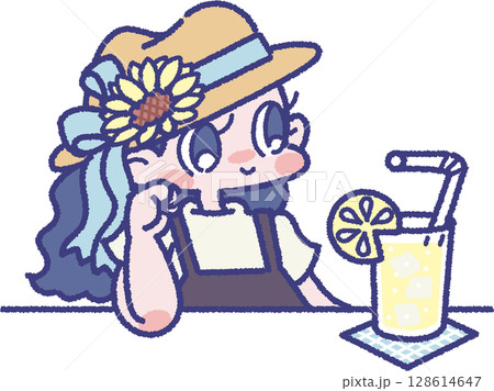 冷たいドリンクを飲んでリラックスしている帽子をかぶった女の子 128614647