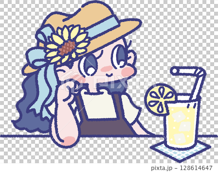 冷たいドリンクを飲んでリラックスしている帽子をかぶった女の子 128614647