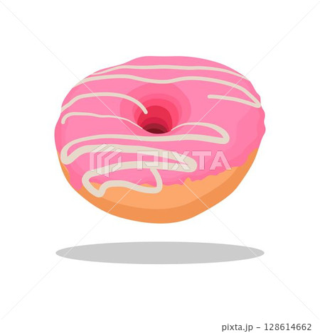 Vector illustration of single doghnut donut cartoon flat style. Delicious pink and chocolate dessert. Single element for logo, icon, fashion print, sticker, emblem, etc isolated on white background. 128614662