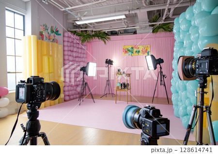 Bright photography studio setup with colorful backdrops and equipment 128614741