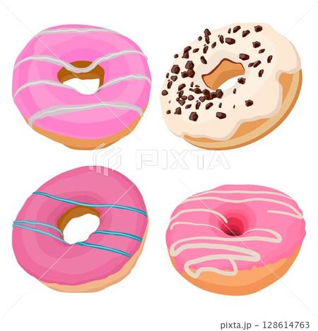 Vector illustration of multiple donuts cake in cartoon flat style. Delicious pink and chocolate art dessert. Pastry and bakery element for logo, icon, sticker, emblem etc isolated on white background. 128614763