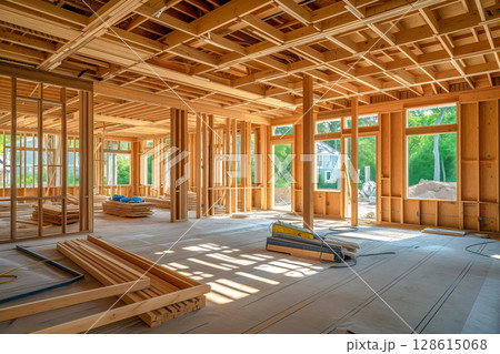 New unfinished residential home under construction framing of wood support beam Generative AI 128615068