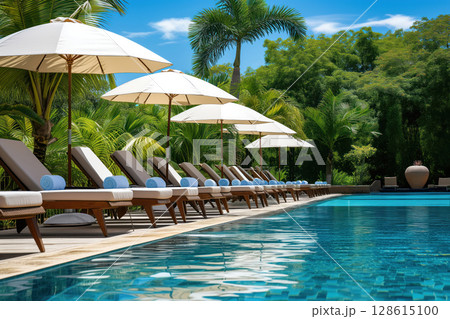During vacation, luxurious sun loungers with umbrellas can be found near swimming pool Generative AI 128615100