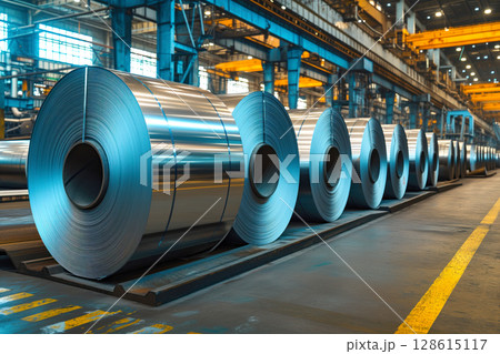 At warehouse, there is roll of galvanized steel coil sheet inside factory. Generative AI 128615117