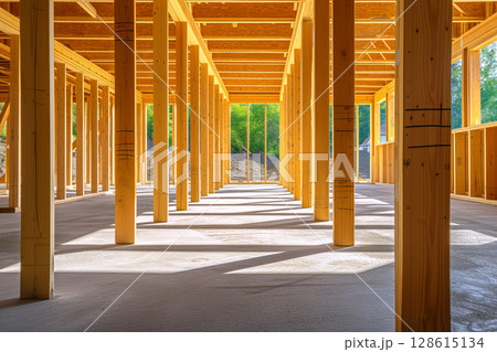 Framing of new unfinished residential home under construction is made up wood supports beam Generative AI Framing of new unfinished residential home under construction is made up wood supports beam Generative AI 128615134