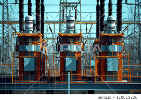 High voltage substation electrification with switchgear transmission transformers AI Generative 128615226