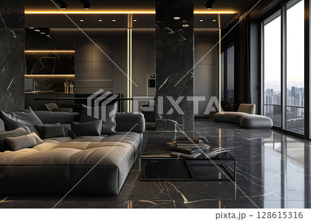 Luxurious new apartment black marble with large floor to ceiling windows offer panoramic view Generative AI 128615316