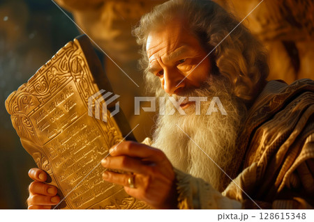 As Moses climbed Mount Sinai, God provided him with tablets containing ten commandments Generative AI 128615348
