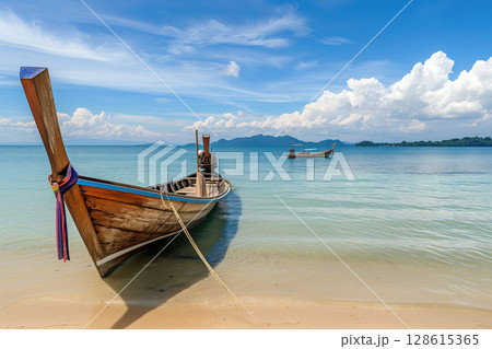On tropical seascape beach at ocean, there is traditional wooden long tail boat AI Generative On tropical seascape beach at ocean, there is traditional wooden long tail boat AI Generative 128615365