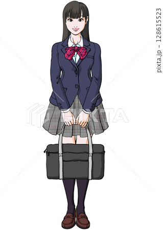 全身・直立・真正面・鞄を持つ女子高生_ブレザーのイラスト素材