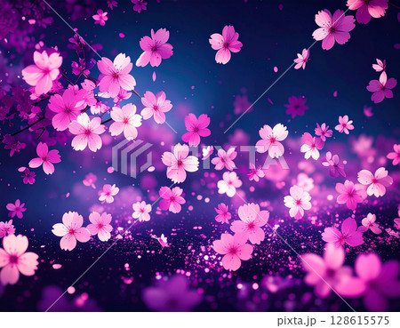 ピンクの桜の花が舞う紫色の幻想的な背景 128615575