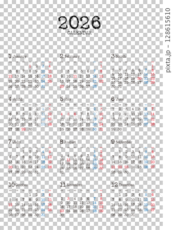打字機風格的 2026 年年曆,從星期一開始,垂直位置 打字機風格的 2026 年年曆,從星期一開始,垂直位置 128615610