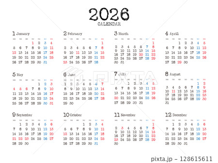 タイプライター風の2026年の年間カレンダー 月曜始まり_横位置 タイプライター風の2026年の年間カレンダー 月曜始まり_横位置 128615611