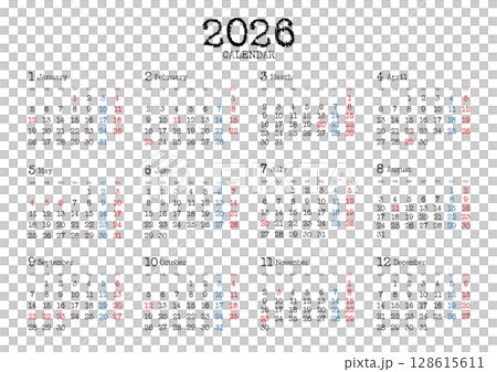 タイプライター風の2026年の年間カレンダー 月曜始まり_横位置 タイプライター風の2026年の年間カレンダー 月曜始まり_横位置 128615611