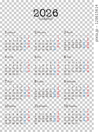 Typewriter-style 2026 annual calendar, starting on Monday, vertical position 128615614