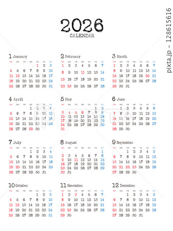 タイプライター風の2026年の年間カレンダー 日曜始まり_縦位置 タイプライター風の2026年の年間カレンダー 日曜始まり_縦位置 128615616