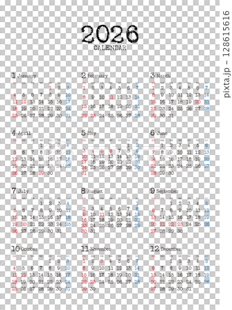 タイプライター風の2026年の年間カレンダー 日曜始まり_縦位置 タイプライター風の2026年の年間カレンダー 日曜始まり_縦位置 128615616