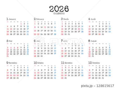 タイプライター風の2026年の年間カレンダー 日曜始まり_横位置 タイプライター風の2026年の年間カレンダー 日曜始まり_横位置 128615617