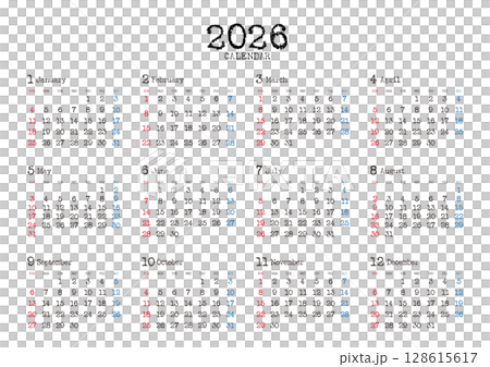 タイプライター風の2026年の年間カレンダー 日曜始まり_横位置 タイプライター風の2026年の年間カレンダー 日曜始まり_横位置 128615617