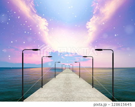 幻想的な美しい空と海の地平線に続く1本の道 128615645