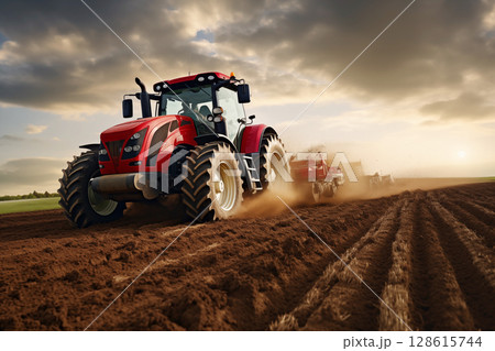 Plows land being cultivated in field prior to sowing at spring AI Generation 128615744