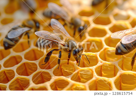 Bees are eating golden honey while sitting on frame filled with honeycombs a nectar AI Generation 128615754