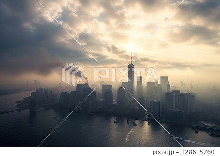 Manhattan skyline shrouded in mist fog morning at New York City AI Generative Manhattan skyline shrouded in mist fog morning at New York City AI Generative 128615760